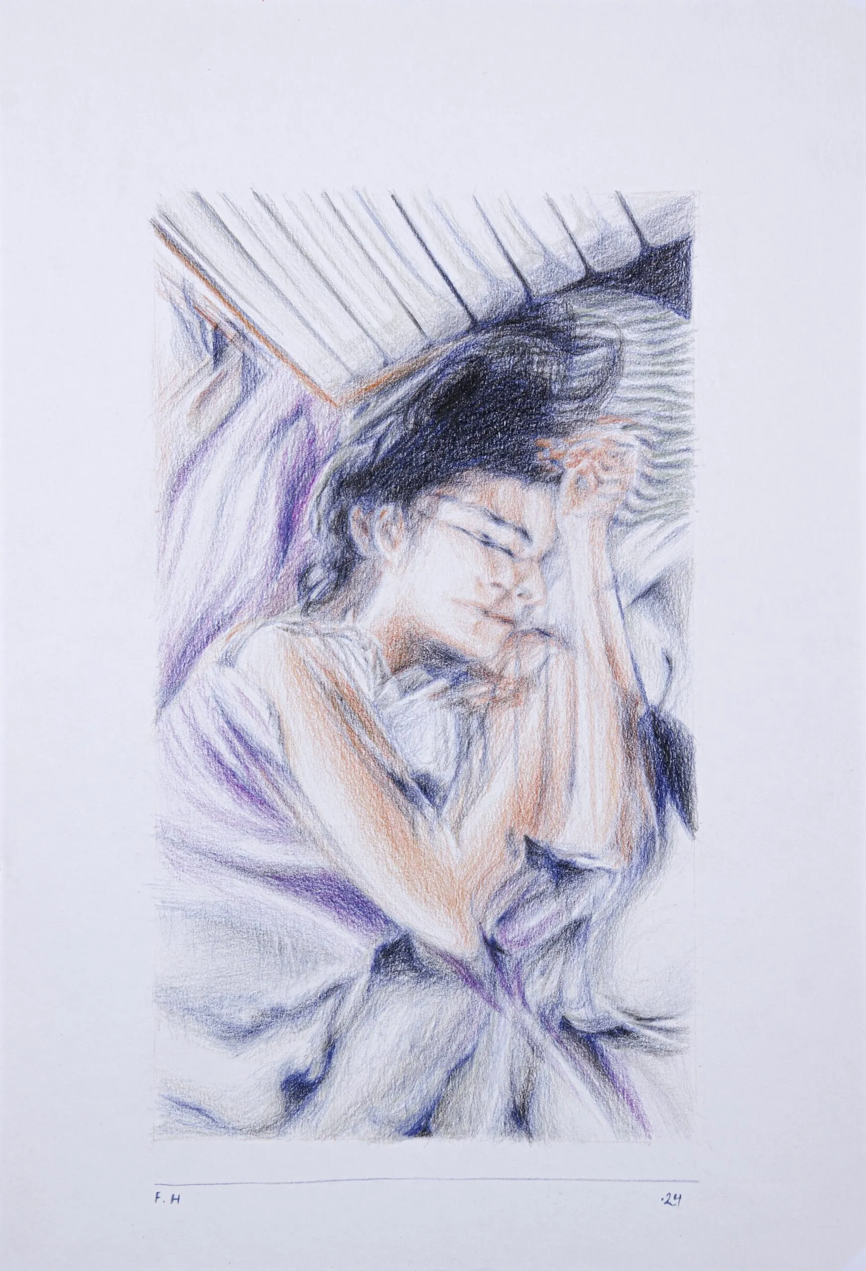 Sister, Sleeping — Colored pencil on cardboard, 2024
